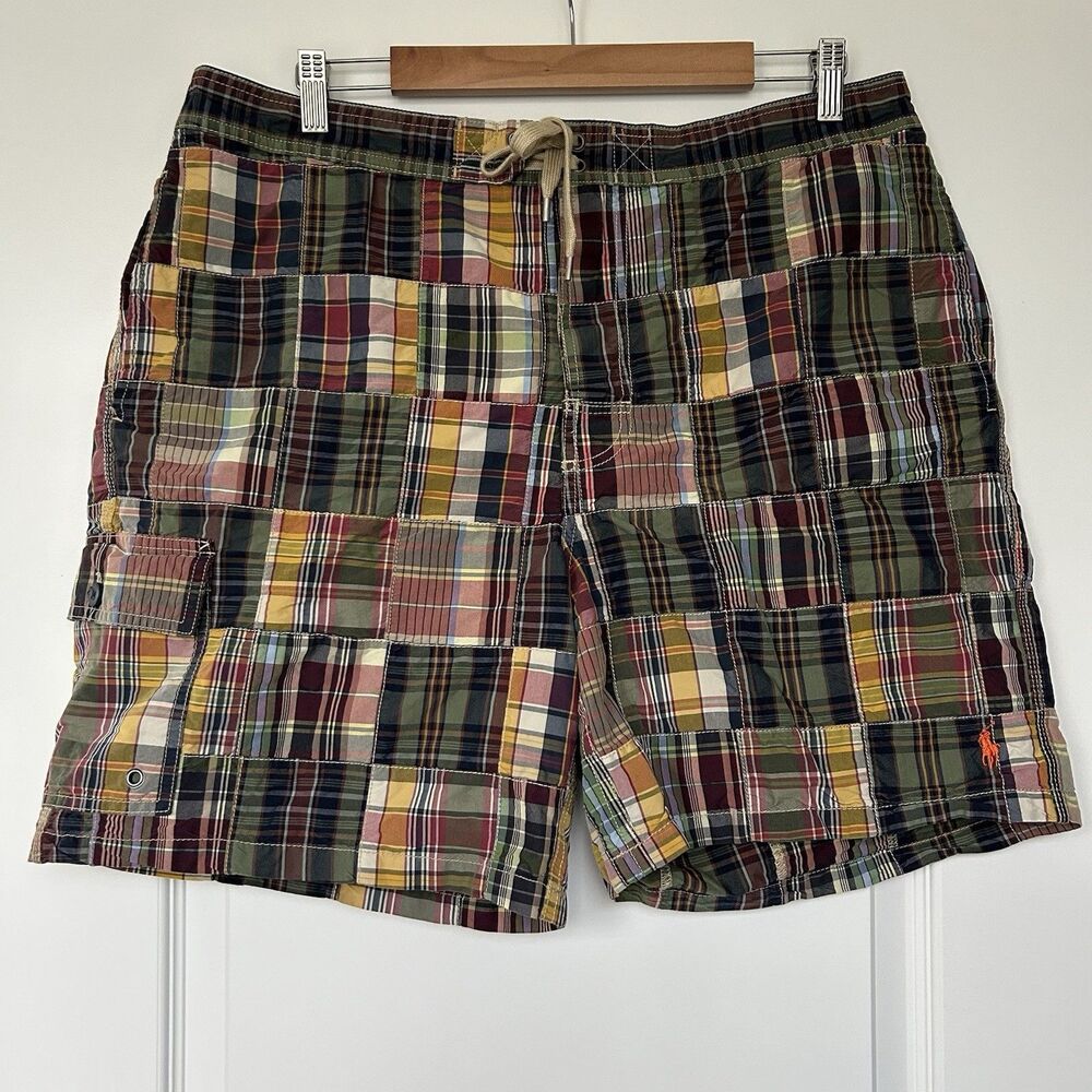Polo Ralph Lauren Swim Trunks Mens XL Madras Patchwork Board Plaid Lined Preppy